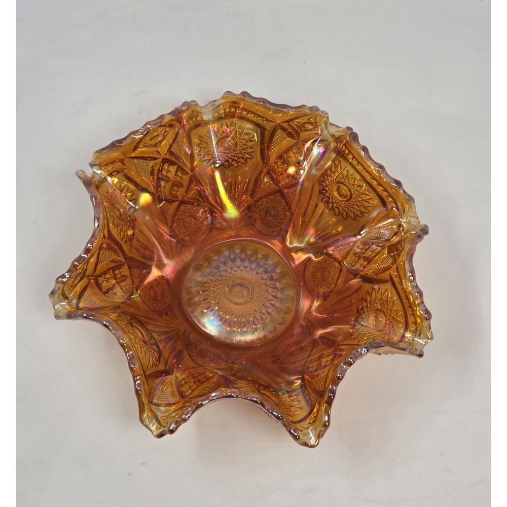 Imperial Star & File Hobstar Marigold Carnival Glass 10" Ruffled Bowl Chip